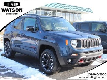 2023 Jeep Renegade Trailhawk 4x4 in a Slate Blue Pearl Coat exterior color and Blackinterior. Watson Benzie, LLC 231-383-7836 watsonchryslerdodgejeep.com 