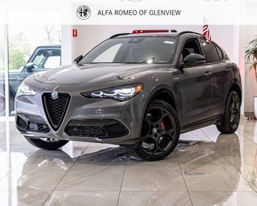 2024 Alfa Romeo Stelvio Veloce in a Vesuvio Gray Metallic exterior color and Blackinterior. Glenview Luxury Imports 847-904-1233 glenviewluxuryimports.com 