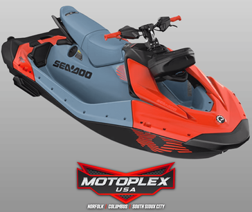 New 2027 Sea-Doo Spark X Trixx for 3 110 hp + iBR, iDF and Audio in option  in a Blue Mist / Coral Blast exterior color. Motoplex USA (402) 379-8433 motoplexusa.com 