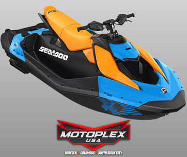 New 2027 Sea-Doo Spark X Trixx for 3 110 hp + iBR and iDF  in a Gulfstream Blue / Orange Crush exterior color. Motoplex USA (402) 379-8433 motoplexusa.com 
