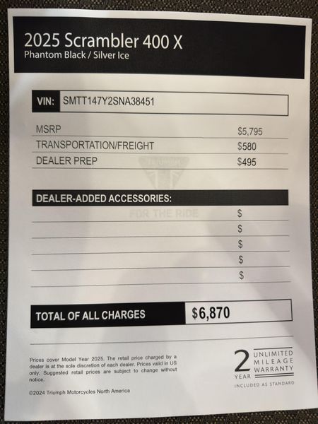 2025 Triumph SCRAMBLER 400 X - PHANTOM BLACK - SILVER ICE 