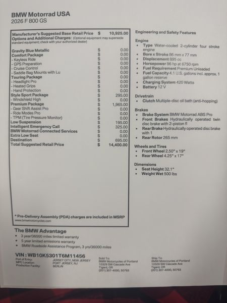 2026 BMW F 800 GS - GRAVITY BLUE METALLIC - LOWERED - SALE PENDING 