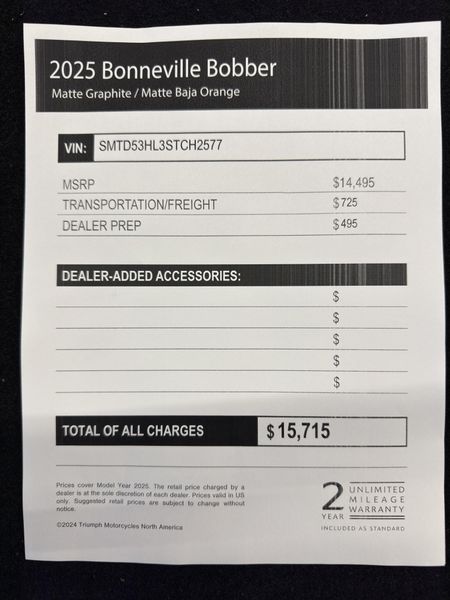 2025 Triumph Bonneville Bobber - MATTE GRAPHITE - MATTE BAJA ORANGE 