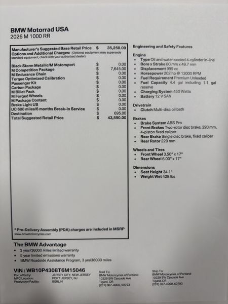 2026 BMW M 1000 RR - BLACK STORM METALLIC  