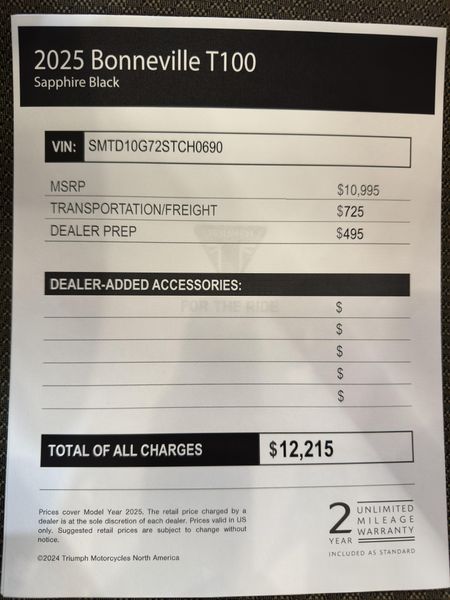 2025 Triumph Bonneville T100 - JET BLACK 