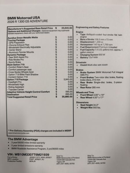 2026 BMW R 1300 GS Adventure - AURELIUS GREEN METALLIC MATTE 