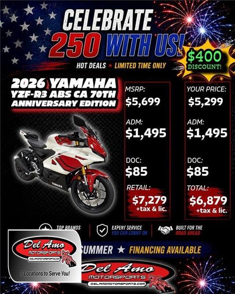 New 2026 Yamaha YZF-R3 ABS CA 70TH ANNIVERSARY EDITION 