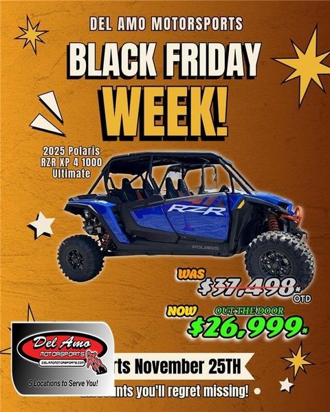 New 2025 Polaris RZR XP 4 1000 ULTIMATE  in a POLARIS BLUE exterior color. Del Amo Motorsports of Redondo Beach (424) 390-7811 delamomotorsports.com 