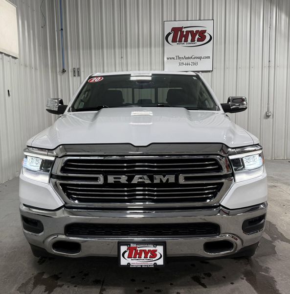 Used 2020 RAM 1500 Laramie in a Bright White Clear Coat exterior color and Blackinterior. Thys Motor Company 319-318-6640 thysmotorco.com 