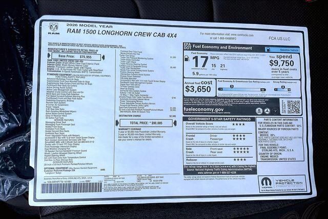 New 2026 RAM 1500 Limited Longhorn Crew Cab 4x4 5