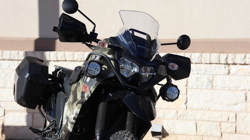 2025 KAWASAKI KLR 650 ADVENTURE ABS CYPHER CAMO TAN  METALLIC MATTE CARBON GRAY  in a CYPHER CAMO TAN & METALLIC MATTE CARBON GRAY exterior color. Family PowerSports (877) 886-1997 familypowersports.com 