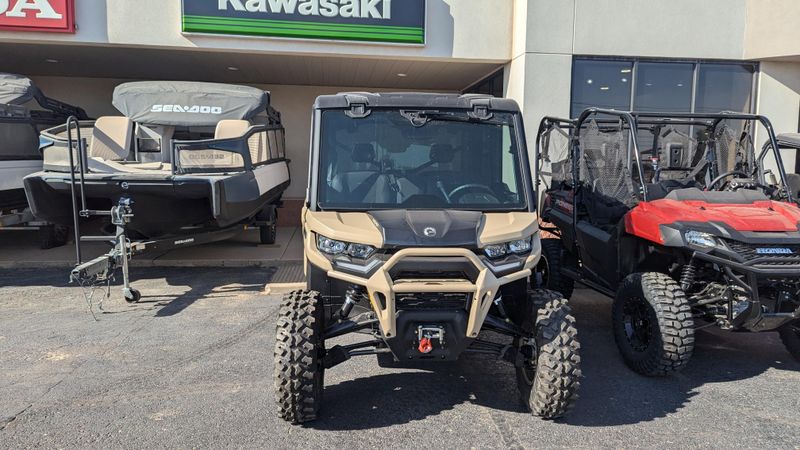 2025 CAN-AM DEFENDER MAX LIMITED CAB HD10 DESERT TAN AND STEALTH BLACK in a DESERT TAN AND STEALTH BLACK exterior color. Family PowerSports (877) 886-1997 familypowersports.com 