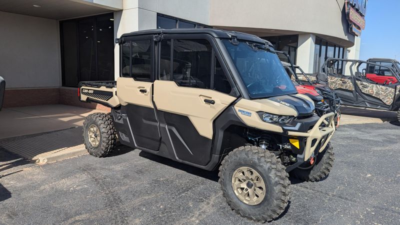 2025 CAN-AM DEFENDER MAX LIMITED CAB HD10 DESERT TAN AND STEALTH BLACK in a DESERT TAN AND STEALTH BLACK exterior color. Family PowerSports (877) 886-1997 familypowersports.com 