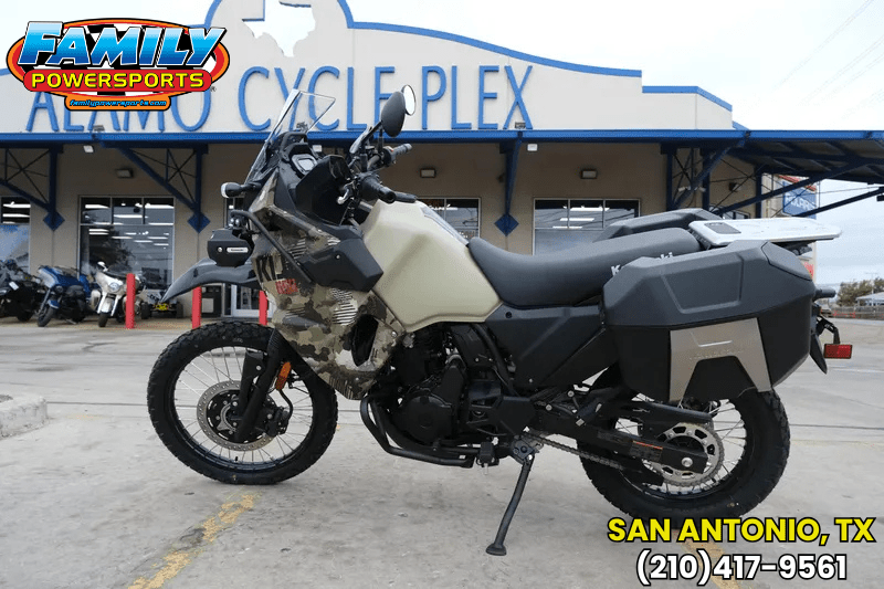 2025 Kawasaki KLR 650 ADVENTURE ABS CYPHER CAMO TAN AND METALLIC MATTE CARBON GRAYImage 1