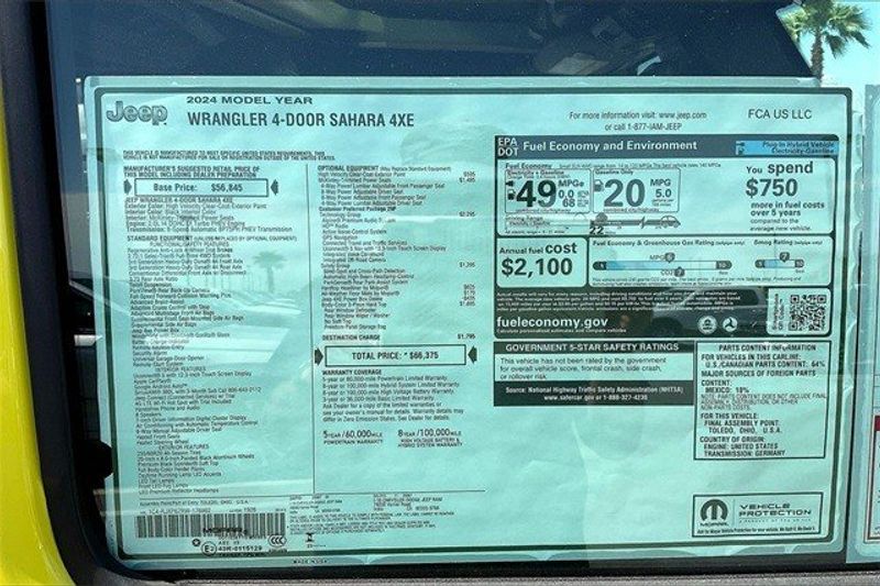 2024 Jeep Wrangler 4-door Sahara 4xe in a High Velocity Clear Coat exterior color and Blackinterior. I-10 Chrysler Dodge Jeep Ram (760) 565-5160 pixelmotiondemo.com 
