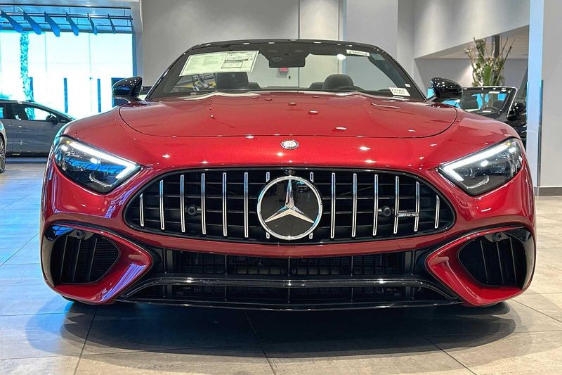 2023 Mercedes-Benz SL-Class SL 55 AMG in a MANUFAKTUR Patagonia Red Metallic exterior color and Blackinterior. SHELLY AUTOMOTIVE shellyautomotive.com 