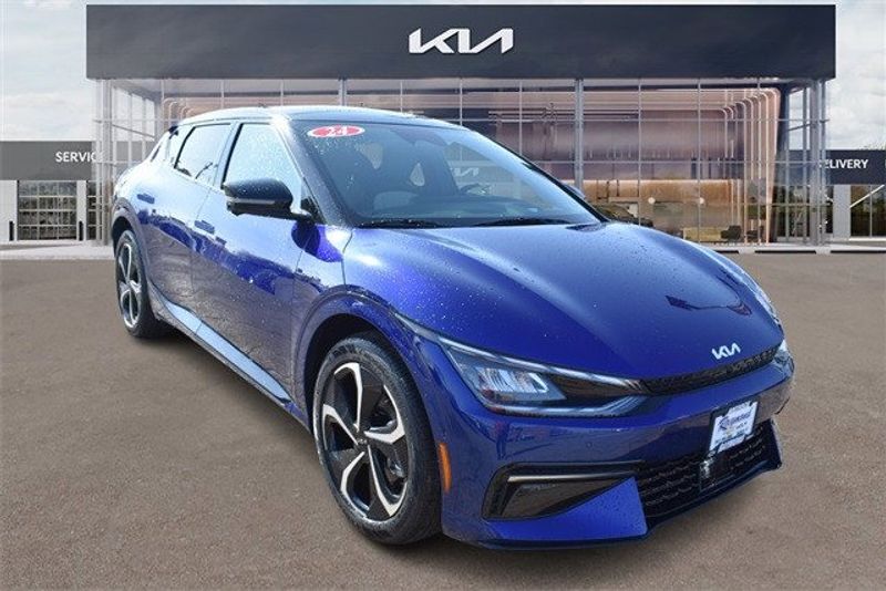 2024 Kia EV6 GT-Line in a Yacht Blue exterior color and Blackinterior. Raymond Auto Group 888-703-9950 raymonddeals.com 