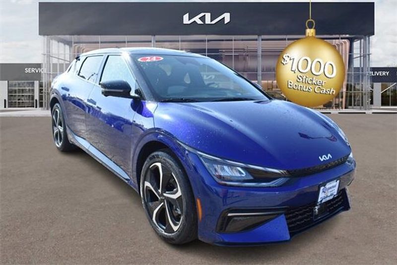 2024 Kia EV6 GT-Line in a Yacht Blue exterior color and Blackinterior. Raymond Auto Group 888-703-9950 raymonddeals.com 