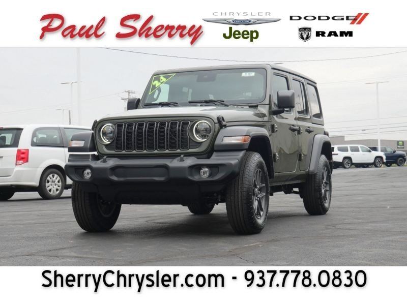 2024 Jeep Wrangler 4-door Sport S in a Sarge Green Clear Coat exterior color and Blackinterior. Paul Sherry Chrysler Dodge Jeep RAM (937) 749-7061 sherrychrysler.net 