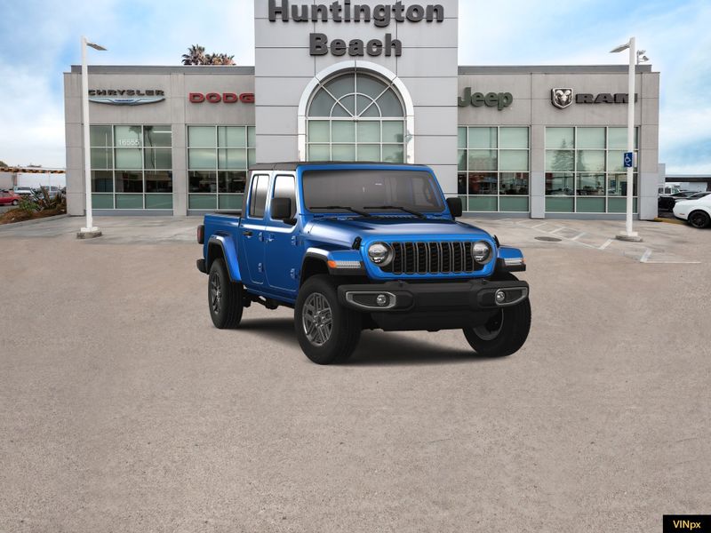 2024 Jeep Gladiator Sport S 4x4 in a Hydro Blue Pear exterior color and Black Cloth LOW-Back BUCinterior. BEACH BLVD OF CARS beachblvdofcars.com 