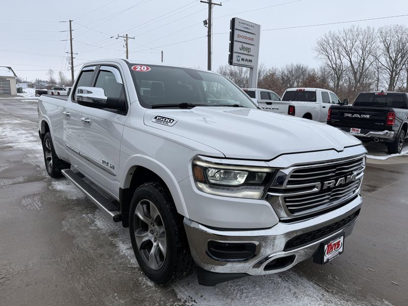Used 2020 RAM 1500 Laramie in a Bright White Clear Coat exterior color and Blackinterior. Thys Motor Company 319-318-6640 thysmotorco.com 