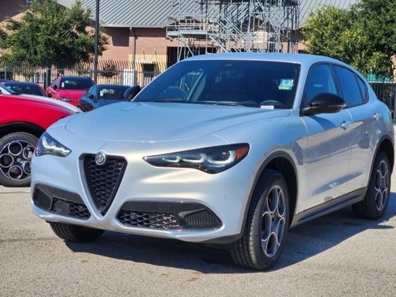 2024 Alfa Romeo Stelvio Sprint in a Moonlight Gray Metallic exterior color and Blackinterior. Northside Imports Houston 281-475-4549 northsideimportshouston.com 