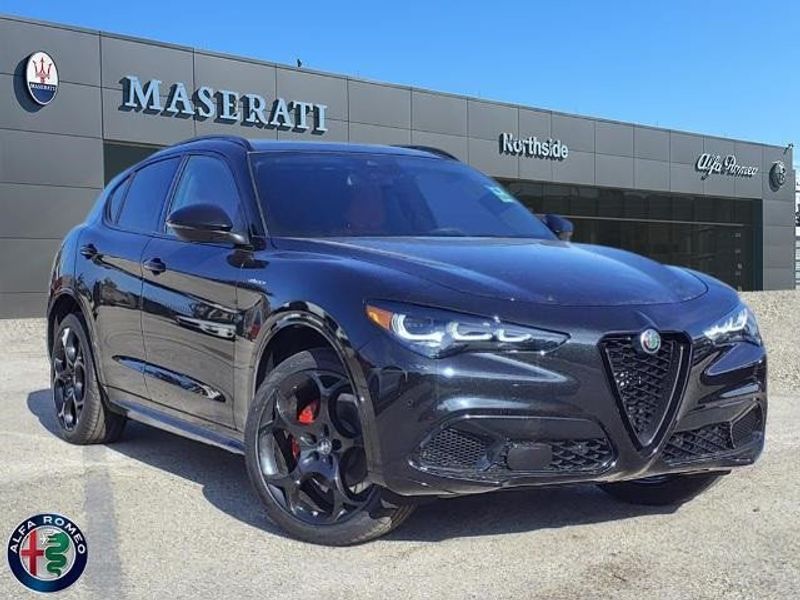 2024 Alfa Romeo Stelvio Veloce in a Vulcano Black Metallic exterior color and Blackinterior. Northside Imports Houston 281-475-4549 northsideimportshouston.com 