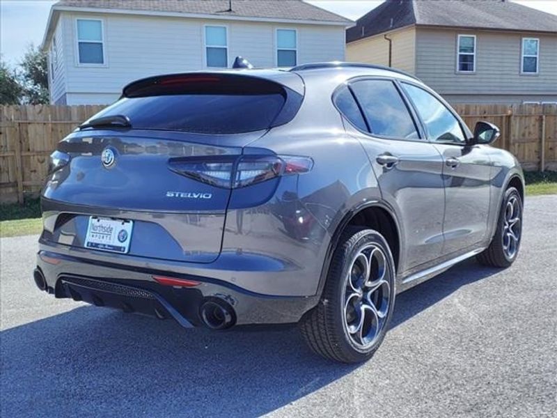 2024 Alfa Romeo Stelvio Veloce in a Vesuvio Gray Metallic exterior color and Blackinterior. Northside Imports Houston 281-475-4549 northsideimportshouston.com 