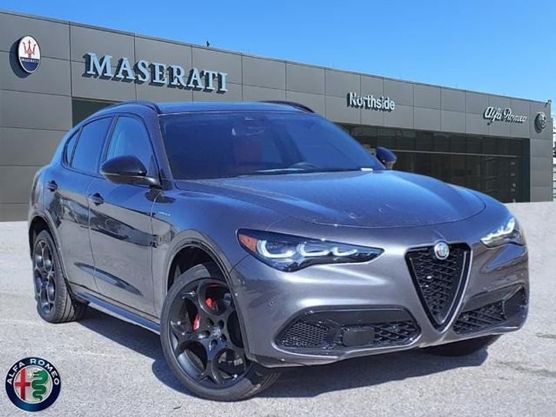 2024 Alfa Romeo Stelvio Veloce in a Vesuvio Gray Metallic exterior color and Blackinterior. Northside Imports Houston 281-475-4549 northsideimportshouston.com 