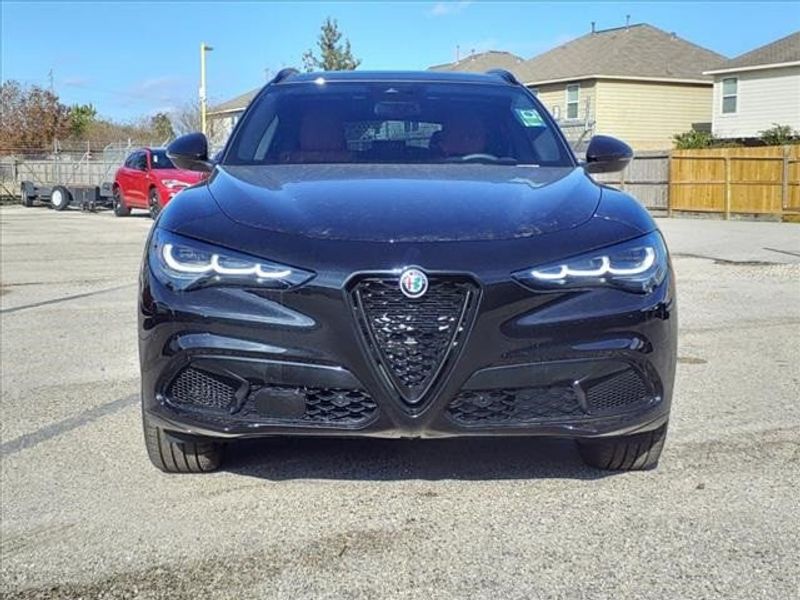 2024 Alfa Romeo Stelvio Veloce in a Vulcano Black Metallic exterior color and Blackinterior. Northside Imports Houston 281-475-4549 northsideimportshouston.com 