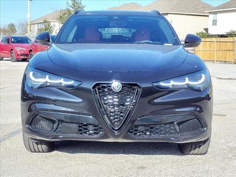 2024 Alfa Romeo Stelvio Veloce in a Vulcano Black Metallic exterior color and Blackinterior. Northside Imports Houston 281-475-4549 northsideimportshouston.com 