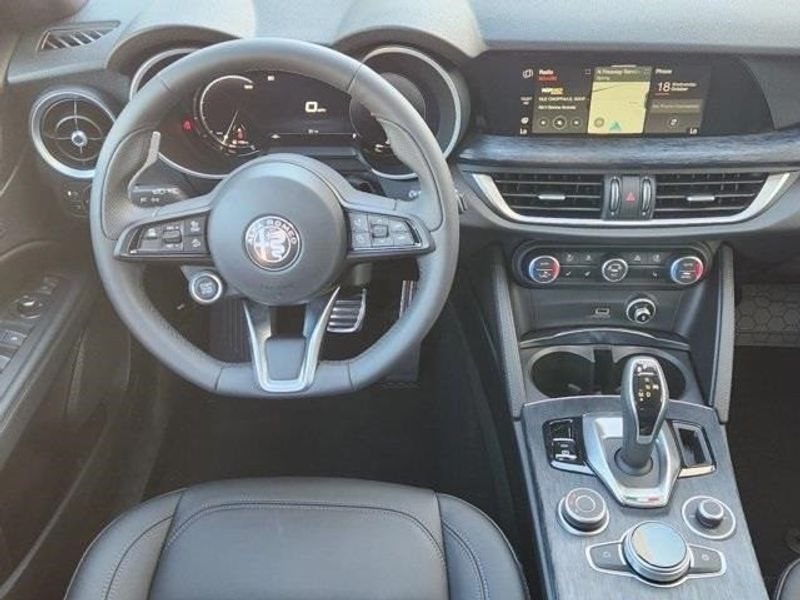 2024 Alfa Romeo Stelvio Sprint in a Vesuvio Gray Metallic exterior color and Blackinterior. Northside Imports Houston 281-475-4549 northsideimportshouston.com 