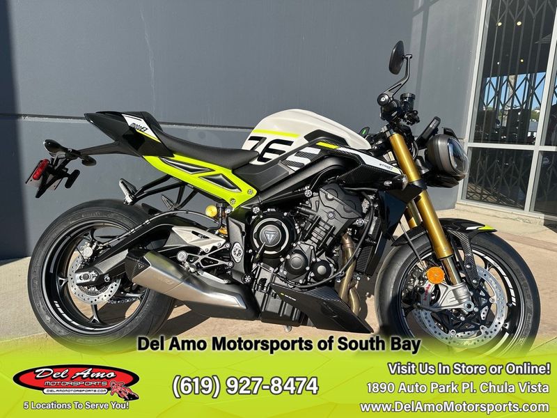 2024 Triumph STREET TRIPLE MOTO2 EDITION  in a CRYSTAL WHITE METALLIC exterior color. Del Amo Motorsports of South Bay (619) 547-1937 delamomotorsports.com 