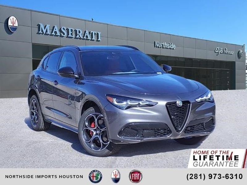 2024 Alfa Romeo Stelvio Veloce in a Vesuvio Gray Metallic exterior color and Blackinterior. Northside Imports Houston 281-475-4549 northsideimportshouston.com 