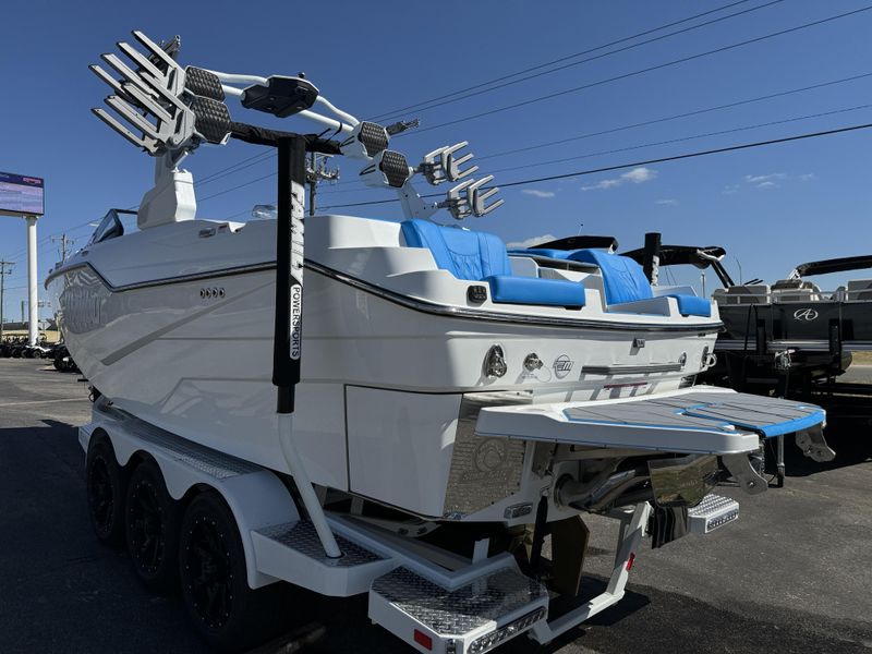 2025 MALIBU MSERIES M230  in a WHITE AND BLUE exterior color. Family PowerSports (877) 886-1997 familypowersports.com 