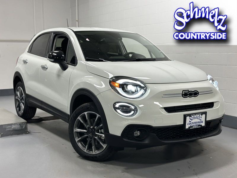 2023 Fiat 500x Pop Awd in a Bianco Gelato (White Clear Coat) exterior color and Blackinterior. Schmelz Countryside Alfa Romeo and Fiat (651) 968-0556 schmelzfiat.com 