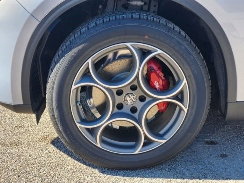 2024 Alfa Romeo Stelvio Sprint in a Moonlight Gray Metallic exterior color and Blackinterior. Northside Imports Houston 281-475-4549 northsideimportshouston.com 