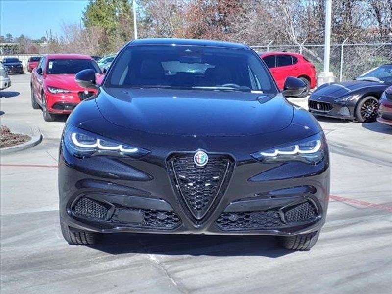 2024 Alfa Romeo Stelvio Sprint in a Vulcano Black Metallic exterior color and Blackinterior. Northside Imports Houston 281-475-4549 northsideimportshouston.com 