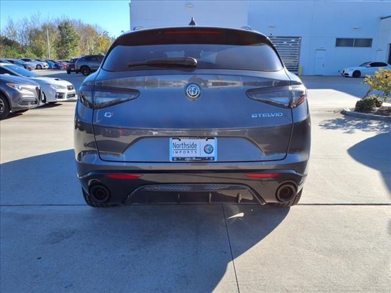 2024 Alfa Romeo Stelvio Veloce in a Vesuvio Gray Metallic exterior color and Blackinterior. Northside Imports Houston 281-475-4549 northsideimportshouston.com 