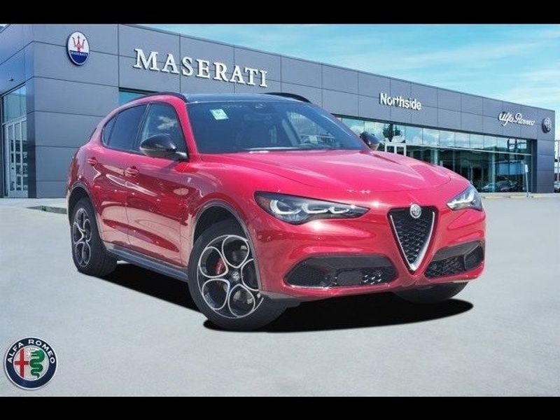 2024 Alfa Romeo Stelvio Ti in a Alfa Rosso exterior color and Blackinterior. Northside Imports Houston 281-475-4549 northsideimportshouston.com 