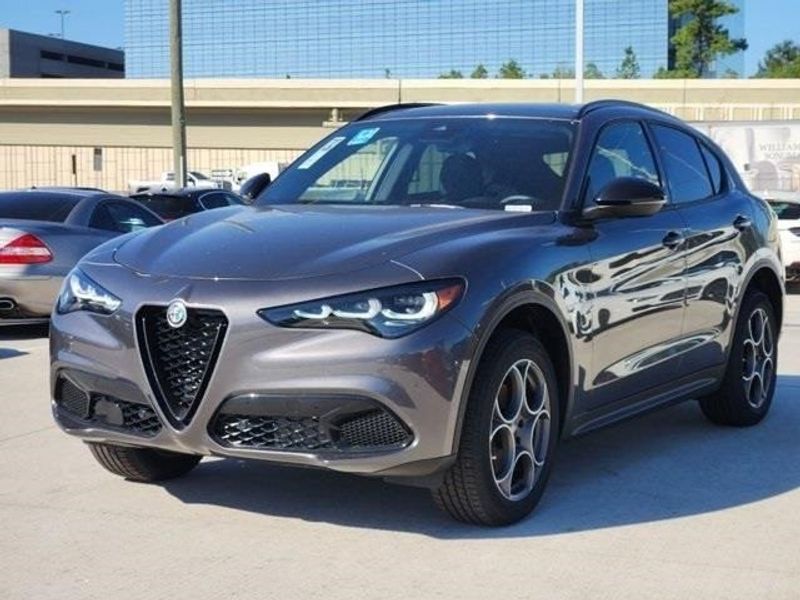 2024 Alfa Romeo Stelvio Sprint in a Vesuvio Gray Metallic exterior color and Blackinterior. Northside Imports Houston 281-475-4549 northsideimportshouston.com 