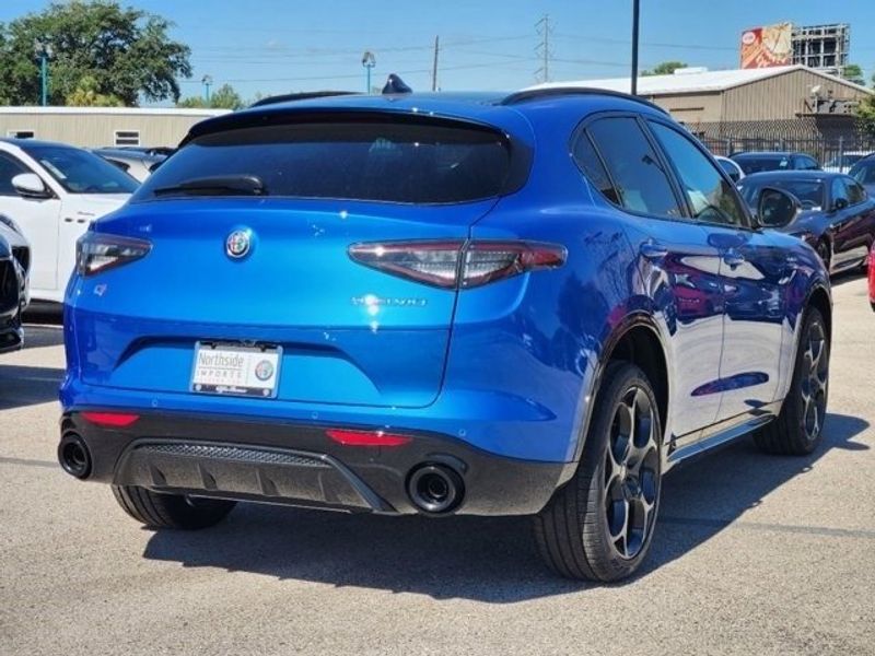 2024 Alfa Romeo Stelvio Veloce in a Misano Blue Metallic exterior color and Blackinterior. Northside Imports Houston 281-475-4549 northsideimportshouston.com 