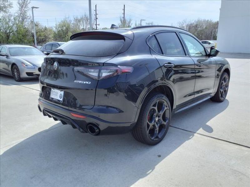 2024 Alfa Romeo Stelvio Veloce in a Vulcano Black Metallic exterior color and Blackinterior. Northside Imports Houston 281-475-4549 northsideimportshouston.com 