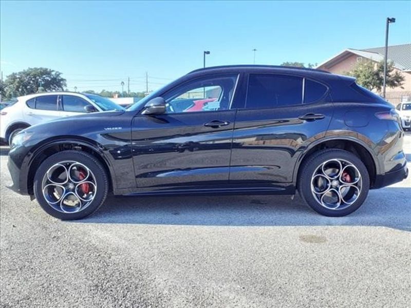 2024 Alfa Romeo Stelvio Veloce in a Vulcano Black Metallic exterior color and Blackinterior. Northside Imports Houston 281-475-4549 northsideimportshouston.com 