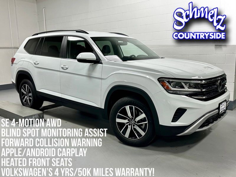 2023 Volkswagen Atlas SE 4-Motion AWD in a Pure White exterior color and Black Heated Seatsinterior. Schmelz Countryside SAAB (888) 558-1064 stpaulsaab.com 