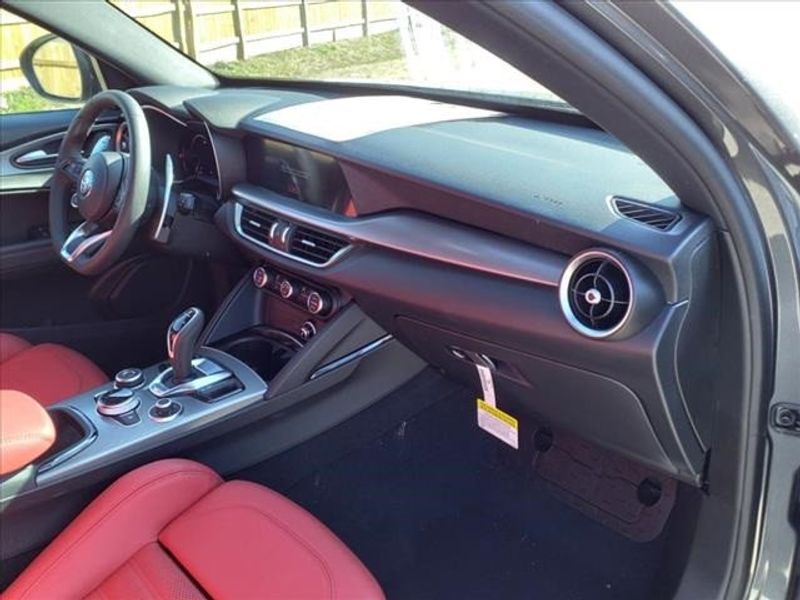 2024 Alfa Romeo Stelvio Veloce in a Vesuvio Gray Metallic exterior color and Blackinterior. Northside Imports Houston 281-475-4549 northsideimportshouston.com 