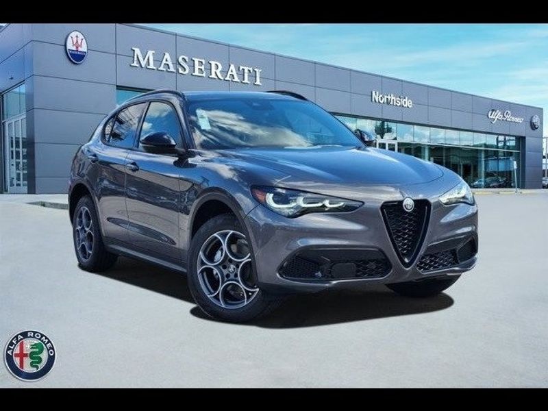 2024 Alfa Romeo Stelvio Sprint in a Vesuvio Gray Metallic exterior color and Blackinterior. Northside Imports Houston 281-475-4549 northsideimportshouston.com 