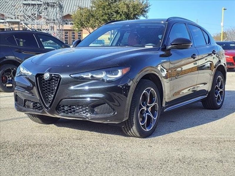 2024 Alfa Romeo Stelvio Veloce in a Vulcano Black Metallic exterior color and Blackinterior. Northside Imports Houston 281-475-4549 northsideimportshouston.com 