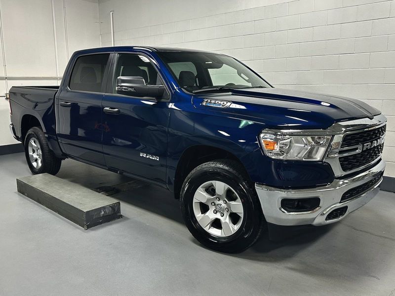 2023 RAM 1500 Big Horn Crew Cab 4x4 w/Heated Seats in a Patriot Blue Pearl Coat exterior color and Diesel Gray/Black Heated Seatsinterior. Schmelz Countryside Alfa Romeo and Fiat (651) 968-0556 schmelzfiat.com 