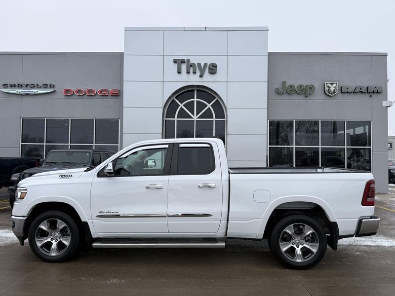 Used 2020 RAM 1500 Laramie in a Bright White Clear Coat exterior color and Blackinterior. Thys Motor Company 319-318-6640 thysmotorco.com 